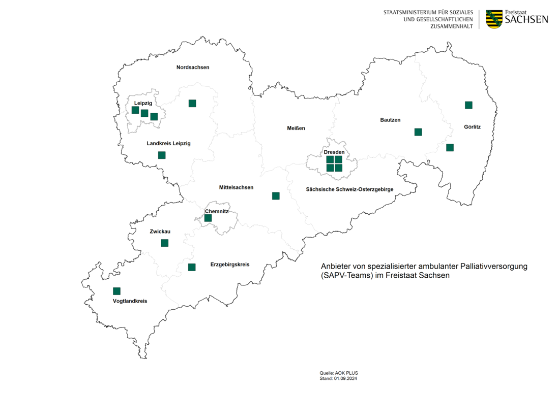 Übersichtskarte Sachsen mit den Standorten der SAPV-Teams